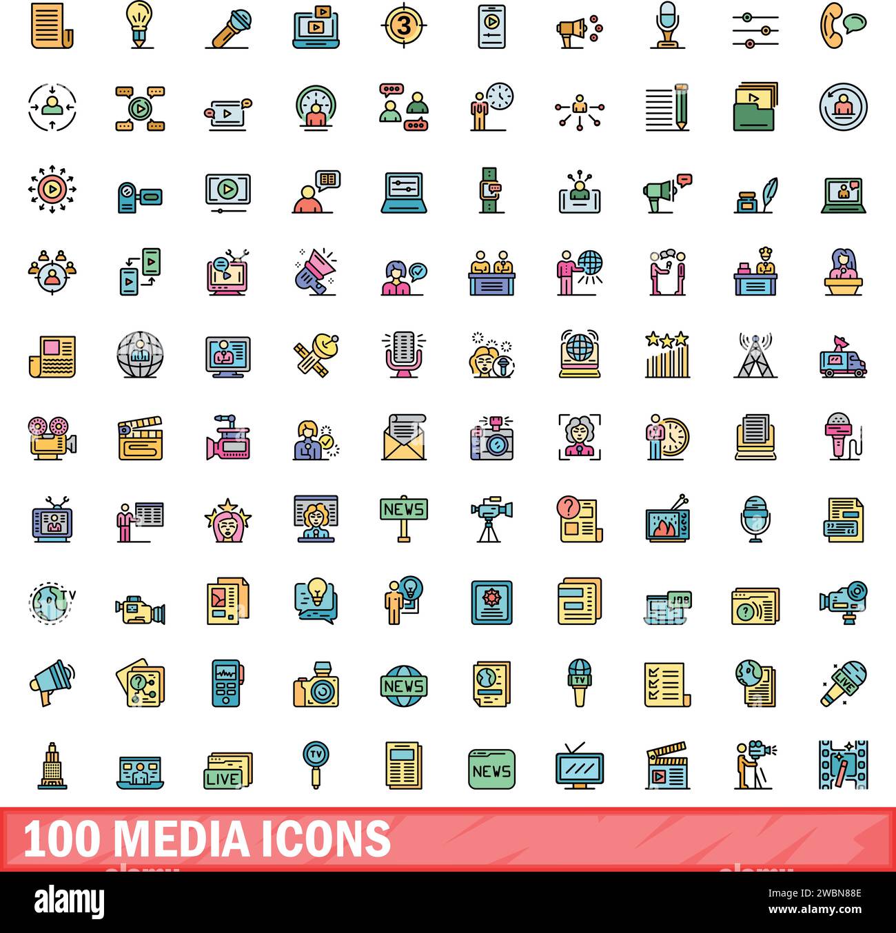 100 Mediensymbole eingestellt. Farblinie Satz von Medienvektorsymbolen dünne Linie Farbe flach auf weiß Stock Vektor