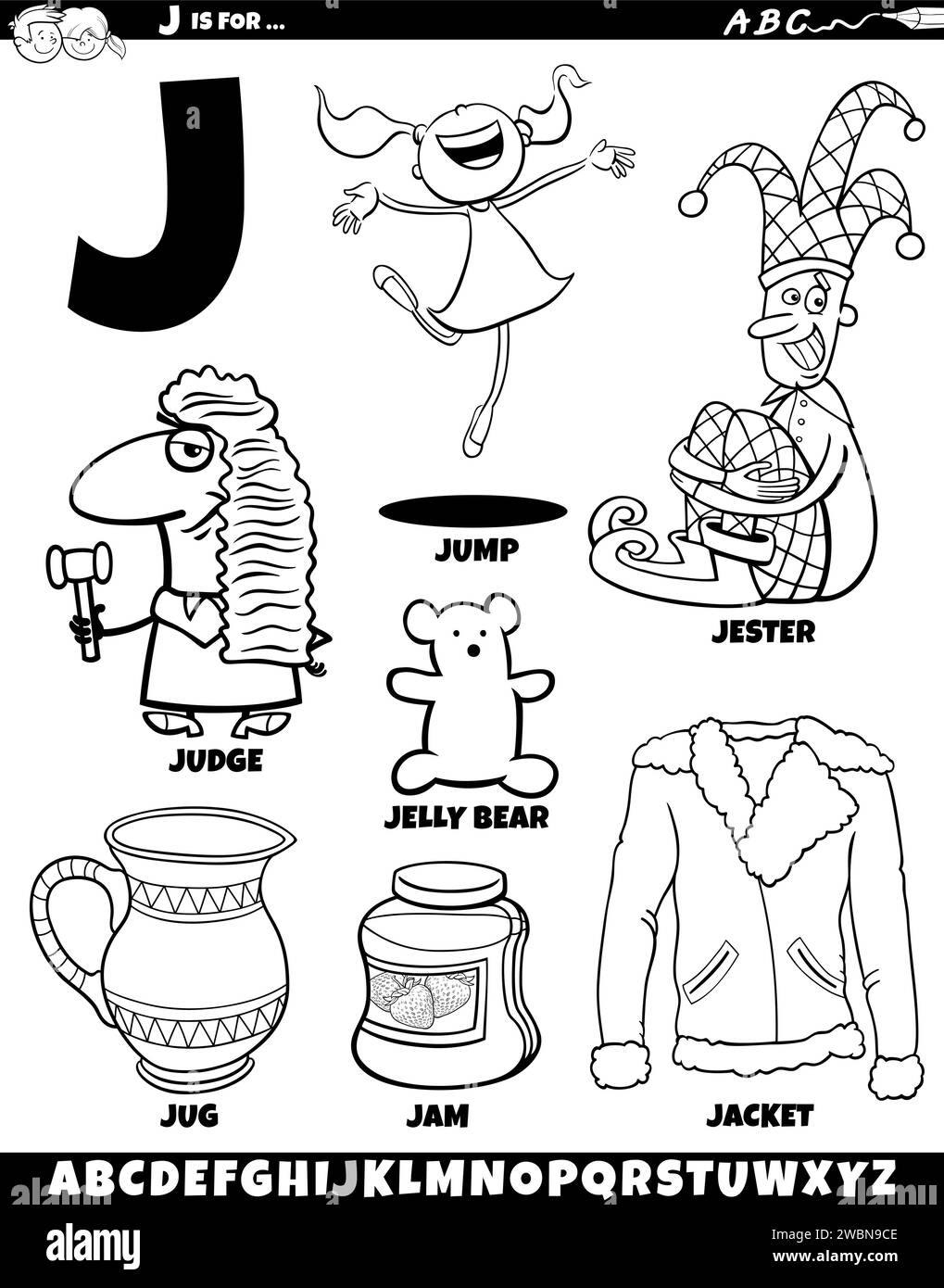 Zeichentrickdarstellung von Objekten und Zeichen, die für die Farbseite des Buchstabens J festgelegt wurden Stock Vektor