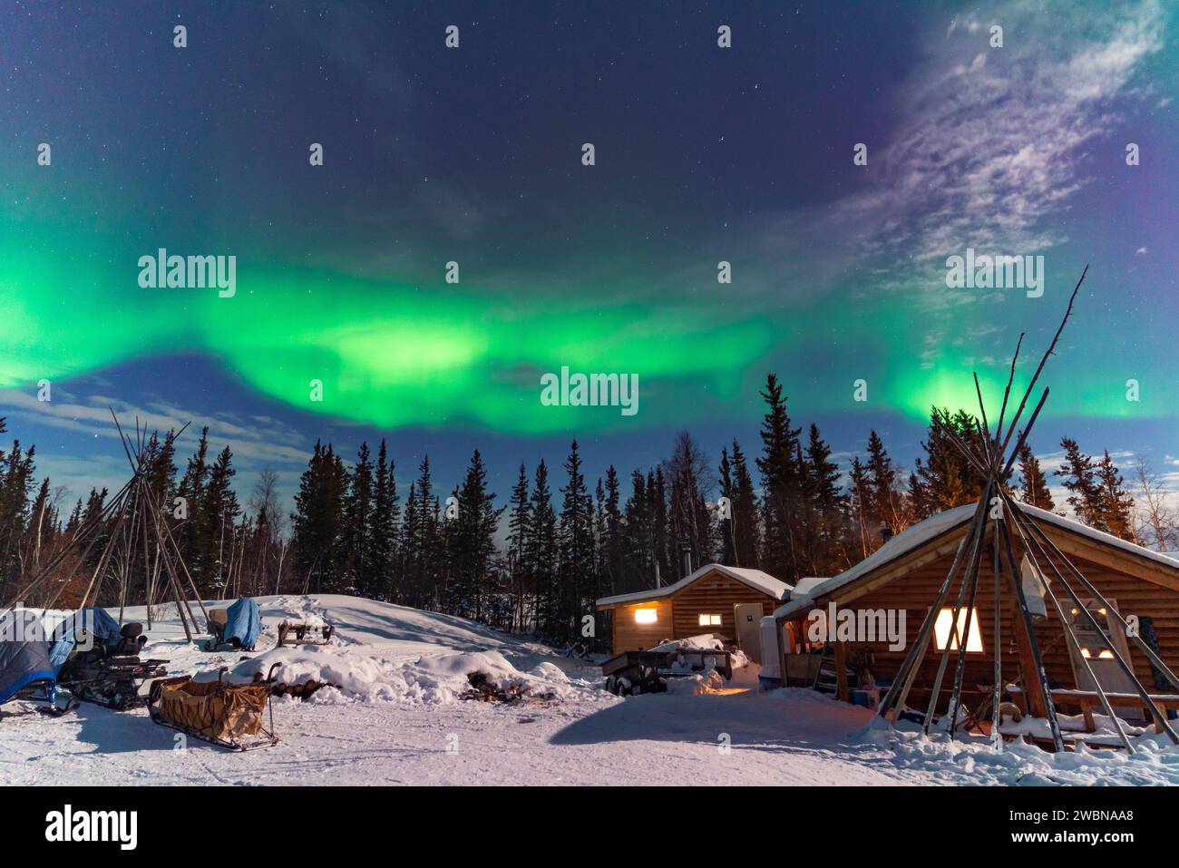 Aurora Borealis, Northern Lights, über einer Holzhütte der Aborigines in Yellowknife, Nordwest Territories, Kanada Stockfoto
