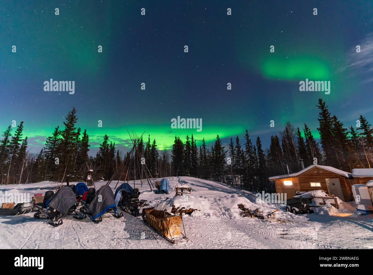 Aurora Borealis, Northern Lights, über einer Holzhütte der Aborigines in Yellowknife, Nordwest Territories, Kanada Stockfoto