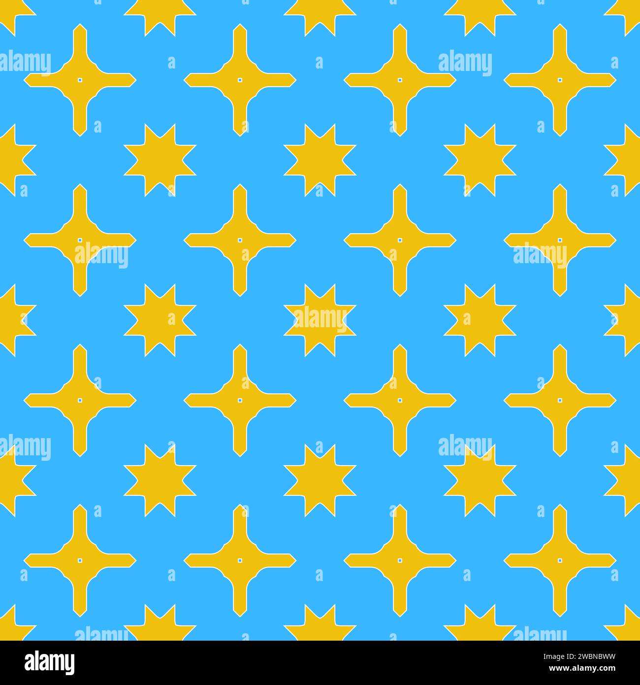 Ein nahtloser Hintergrund mit einer sanften hellblauen Farbe, verziert mit einem wiederholten Muster aus leuchtenden gelben und blauen Sternen Stockfoto