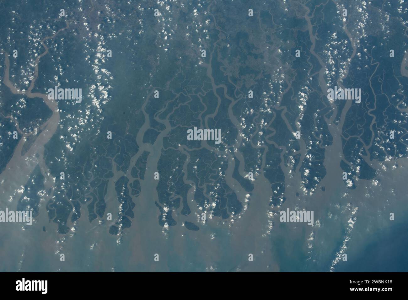Iss070e005997 (19. Oktober 2023) --- Indien und Bangladesch Grenzen entlang des Sundarban National Park, einem Tigerreservat und Mangrovenwald, auf diesem Foto von der Internationalen Raumstation, die 257 Meilen über der Bucht von Bengalen umkreist. Stockfoto
