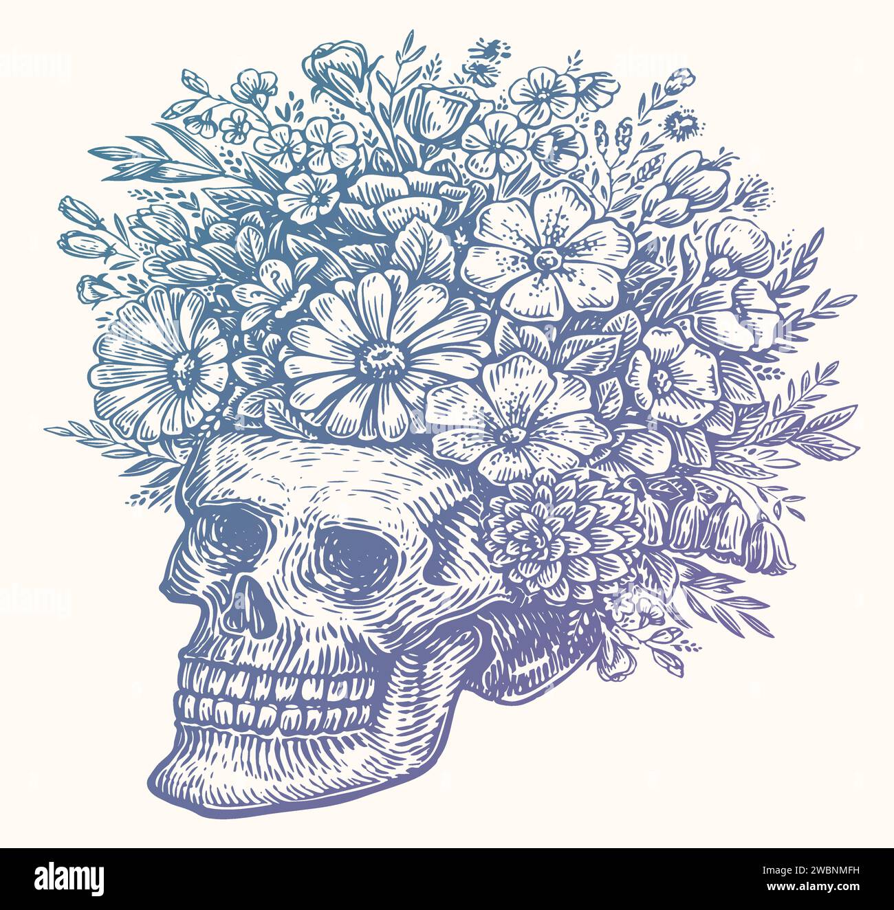 Menschlicher Schädel mit Blumen, Skizzenzeichnung. Handgezeichnete Vektorillustration isoliert auf weißem Hintergrund Stock Vektor