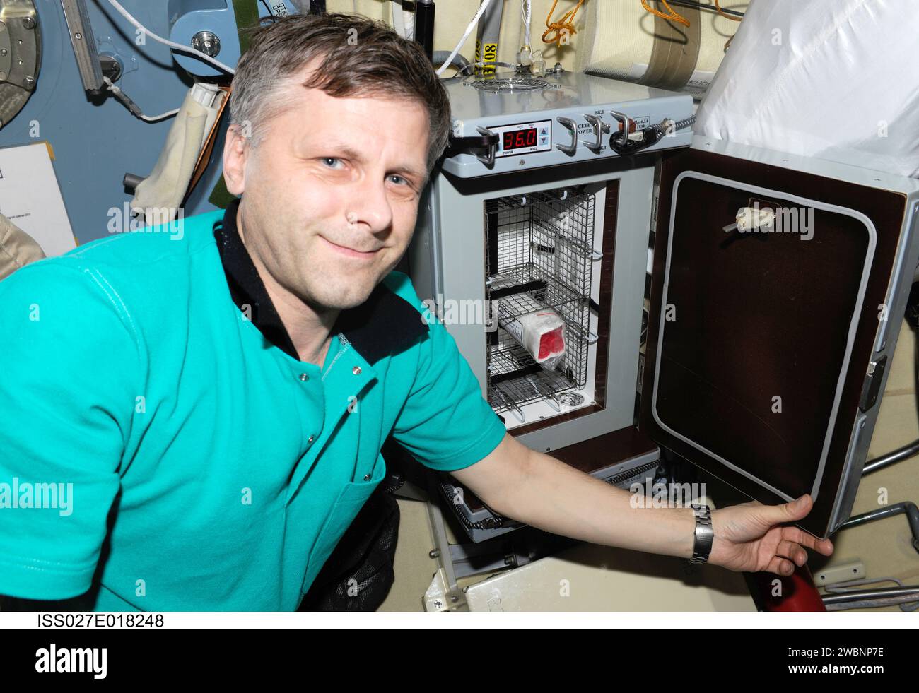 Der russische Kosmonaut Andrej Borisenko, Flugingenieur der Expedition 27, befindet sich in der Nähe des thermostatgesteuerten Inkubators TBU-V im russischen Segment der Internationalen Raumstation. Stockfoto