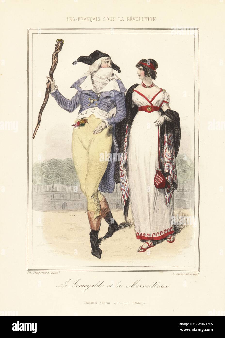Französische Dandy und Belle, Revolutionära. Reaktionärer royalistischer Fell in Bicorne, weitem Revers Gehrock, hohem Kragen und Kragen, der einen Schläger hält. Schönheit in Korkenzieherlocken, gesticktem Schal, Bademantel und Sandalen im römischen Stil. L'Incrovable et la Merveillaise. Handkolorierter Stahlstich von Leopold Massard nach einer Illustration von Theophile Fragonard aus Augustin Challamel und Wilhelm Tenint's Les Francais sous la Revolution, die Franzosen unter der Revolution, Challamel, Paris, 1843. Stockfoto