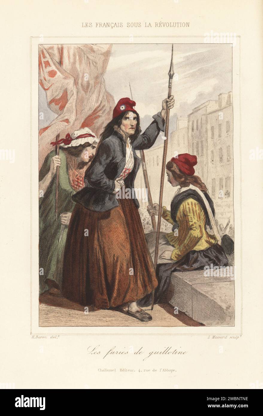 Die Furien der Guillotine während der Herrschaft des Terrors. Schauspielerin Claire 'Rose' Lacombe in der Phrygischen Mütze, die einen Speer hält, und die verwirrte Aspasie Carlemigelli mit Flagge und Dolch. Les Furies de Guillotine. Handkolorierter Stahlstich von Leopold Massard nach einer Illustration von Henri Baron aus Augustin Challamel und Wilhelm Tenint's Les Francais sous la Revolution, die Franzosen unter der Revolution, Challamel, Paris, 1843. Stockfoto