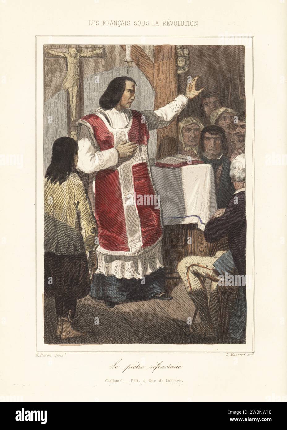 Ein katholischer Priester des refraktären Klerus, der sich weigerte, den Bürgereid von 1791 zu schwören. Ein nicht-jurierender Priester, der eine Messe vor seiner Gemeinde hält. Le pretre refractaire, ou le pretre insermente. Handkolorierter Stahlstich von Leopold Massard nach einer Illustration von Henri Baron aus Augustin Challamel und Wilhelm Tenint's Les Francais sous la Revolution, die Franzosen unter der Revolution, Challamel, Paris, 1843. Stockfoto