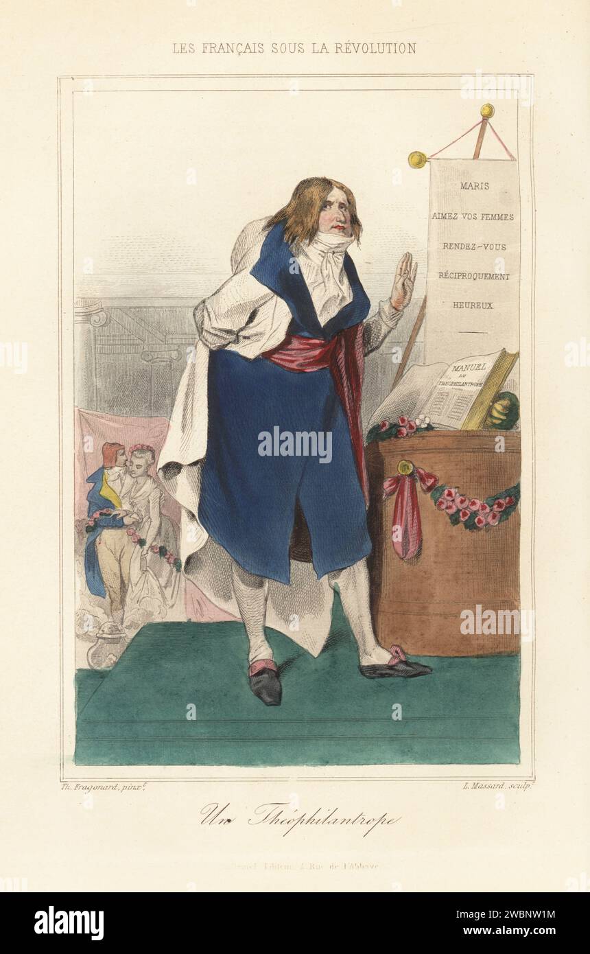 Ein Theophilanthroper, der aus dem Handbuch von Jean-Baptiste Chemin liest. Die Freunde Gottes und der Menschen, eine deistische Sekte, die in der Französischen Revolution blühte und vom Direktorium unterdrückt wurde. Un Theophilantrope. Handkolorierter Stahlstich von Leopold Massard nach einer Illustration von Theophile Fragonard aus Augustin Challamel und Wilhelm Tenint's Les Francais sous la Revolution, die Franzosen unter der Revolution, Challamel, Paris, 1843. Stockfoto