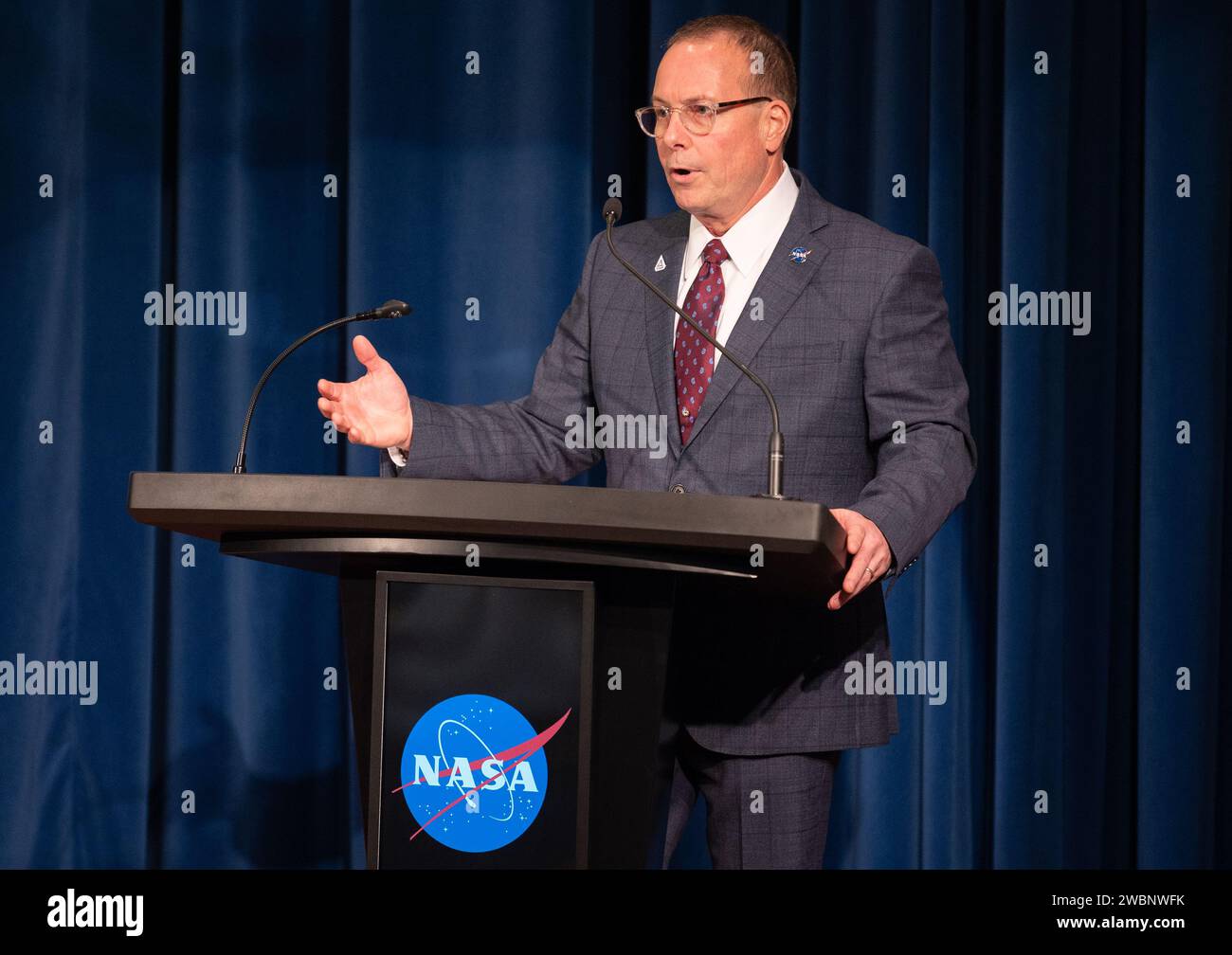 Richard Gilbrech, Direktor des Stennis Space Centers der NASA, sprach bei einem Allerhändigen-Treffen nach der Ansprache des Staates der NASA am 10. Februar 2020 in Bay St. Louis, Mississippi. Stockfoto