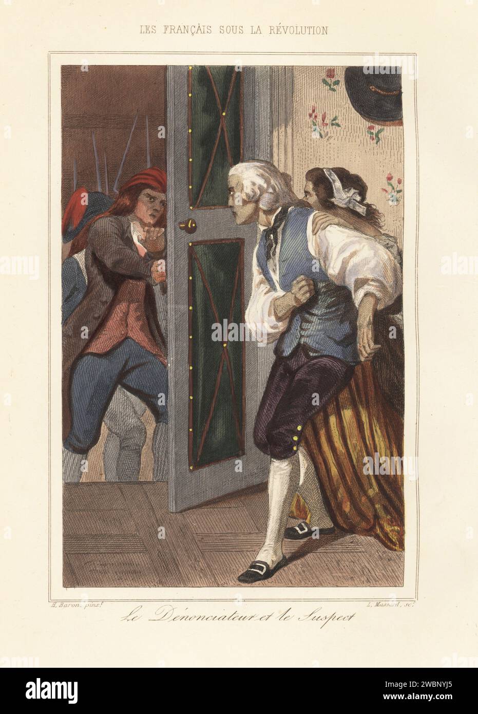 Ein Mob bewaffneter Revolutionäre in Phrygianischen Caps bricht 1789 in das Haus eines Reaktionären in Frankreich ein. Der Informant und der Verdächtige. Le Denonciator et le suspect. Handkolorierter Stahlstich von Leopold Massard nach einer Illustration von Henri Baron aus Augustin Challamel und Wilhelm Tenint's Les Francais sous la Revolution, die Franzosen unter der Revolution, Challamel, Paris, 1843. Stockfoto