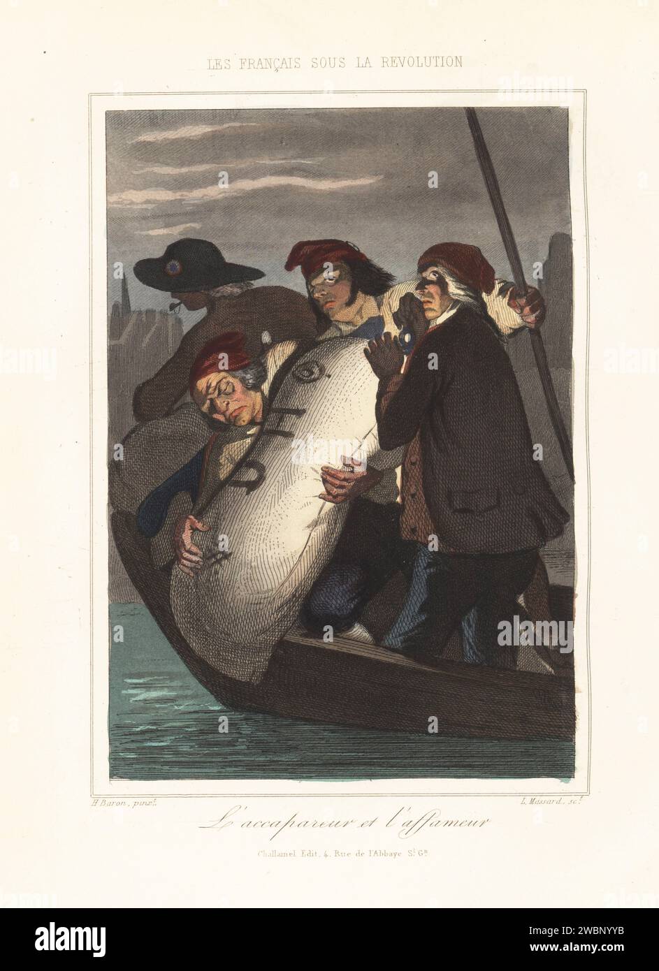 Profiteure und Horten in Paris, 1792. Aktivisten in Phrygianischen Mützen und dreifarbigen Kakaden werfen nachts unter dem Licht in der seine einen Sack Getreide aus einem Ruderboot ab. L'accapareur et l'affameur. Handkolorierter Stahlstich von Leopold Massard nach einer Illustration von Henri Baron aus Augustin Challamel und Wilhelm Tenint's Les Francais sous la Revolution, die Franzosen unter der Revolution, Challamel, Paris, 1843. Stockfoto