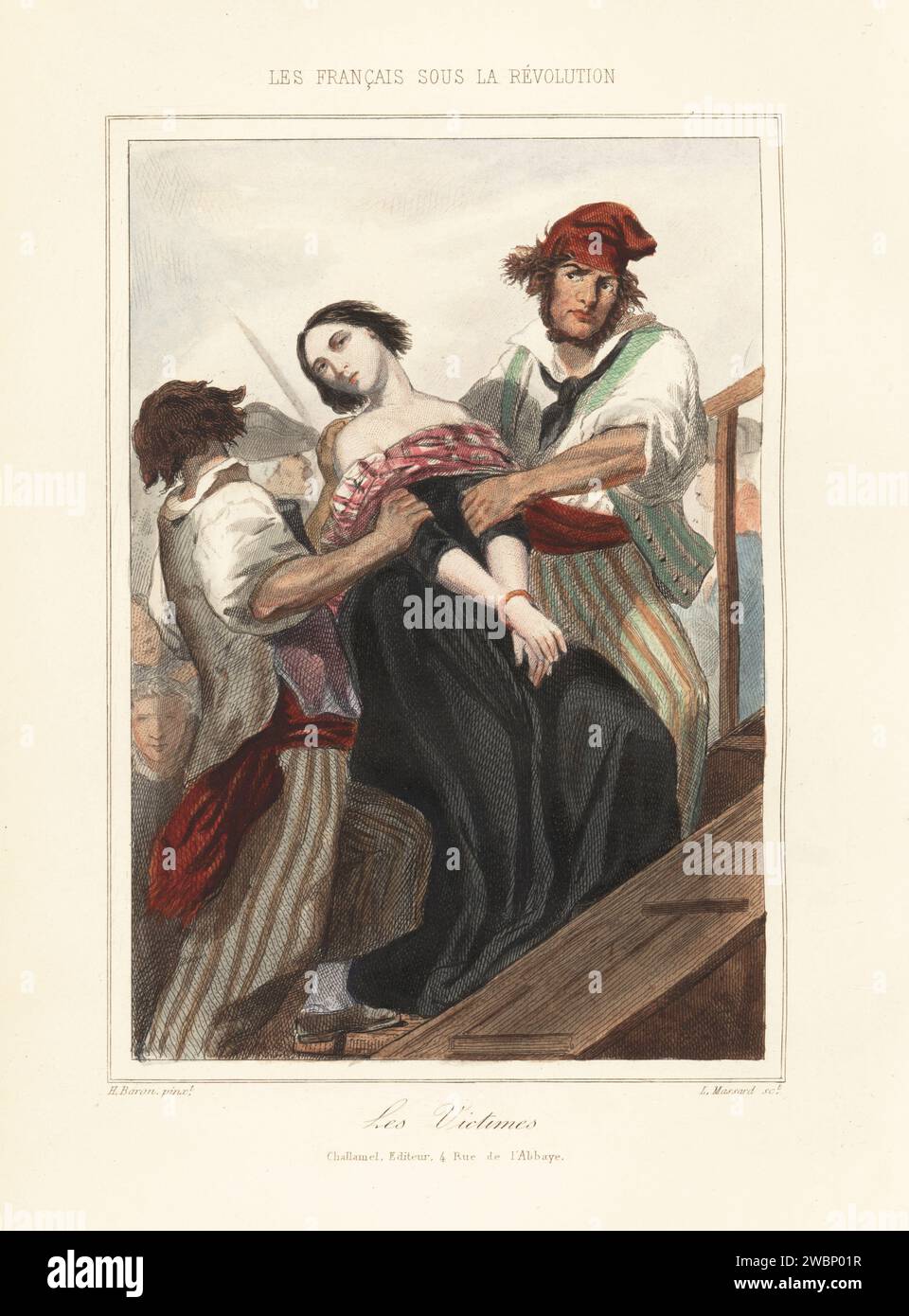 Eine Frau, die während der Herrschaft des Terrors auf das Gerüst zur Guillotine gezerrt wurde, 1792 das Opfer hat ihre Haare kurz geschnitten und ihre Hände für die Guillotine gebunden. Vielleicht Diarist Lucile Desmoulins, Ehefrau der radikalen Journalistin Camille Desmoulins. Les Victimes. Handkolorierter Stahlstich von Leopold Massard nach einer Illustration von Henri Baron aus Augustin Challamel und Wilhelm Tenint's Les Francais sous la Revolution, die Franzosen unter der Revolution, Challamel, Paris, 1843. Stockfoto