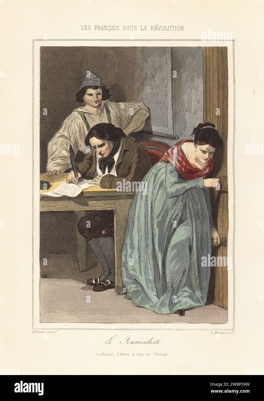 Camille Desmoulins, Herausgeber von Le Vieux Cordelier, und seine Frau Lucile Desmoulins. Der radikale Journalist schreibt mit einem Federstift an einen Tisch, während seine Frau an einer Tür zuhört. Le Journaliste. Handkolorierter Stahlstich von Leopold Massard nach einer Illustration von Henri Baron aus Augustin Challamel und Wilhelm Tenint's Les Francais sous la Revolution, die Franzosen unter der Revolution, Challamel, Paris, 1843. Stockfoto