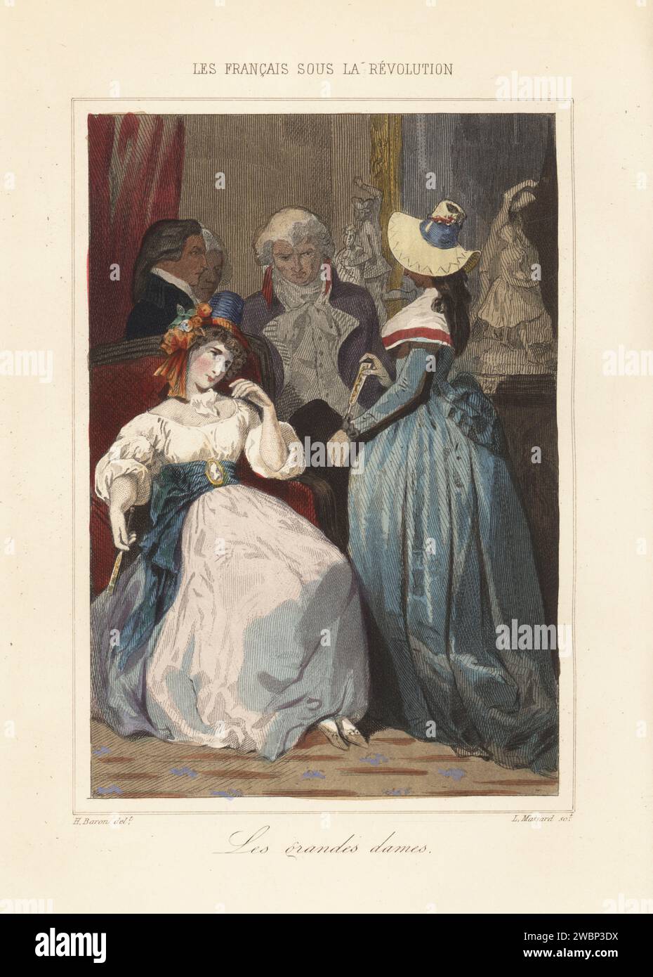 Ein Salon, der von einer der großen Damen der französischen Revolutionszeit veranstaltet wird. Zwei Frauen in Strohhüten und feinen Kleidern mit Fichu- oder Cameo-Brosche. Basierend auf Madame Necker, Suzanne Curchod, Madame Roland usw. Les Grandes Damen. Handkolorierter Stahlstich von Leopold Massard nach einer Illustration von Henri Baron aus Augustin Challamel und Wilhelm Tenint's Les Francais sous la Revolution, die Franzosen unter der Revolution, Challamel, Paris, 1843. Stockfoto