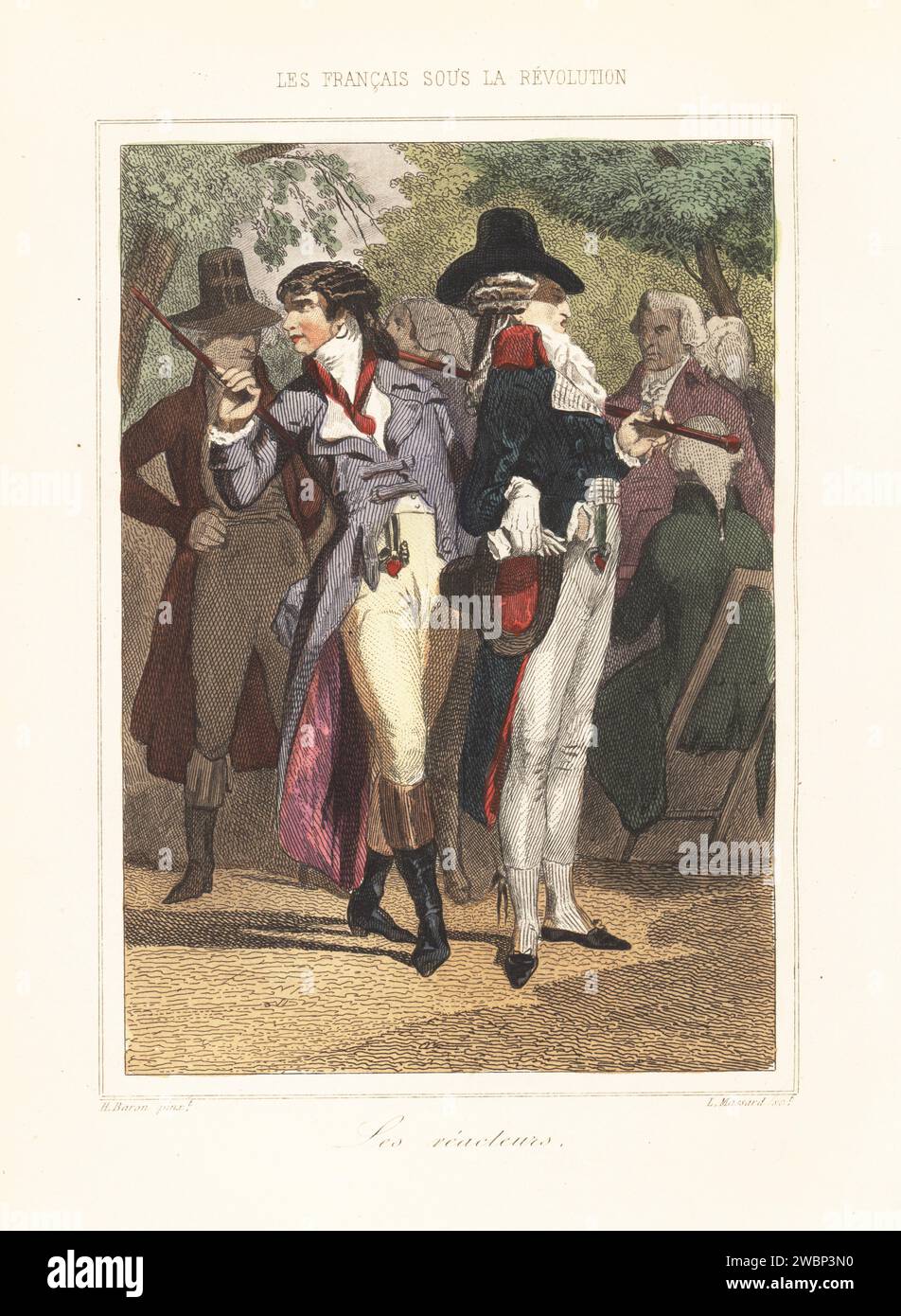 Reaktionäre Köstlichkeiten oder goldene Jugend, Französische Revolution. Zwei fops, Incroyables oder Muscadine in Perücken, Reitmäntel mit großem Revers, bewaffnet mit Stöcken. Les Reacteurs. Jeunesse dorée. Handkolorierter Stahlstich von Leopold Massard nach einer Illustration von Henri Baron aus Augustin Challamel und Wilhelm Tenint's Les Francais sous la Revolution, die Franzosen unter der Revolution, Challamel, Paris, 1843. Stockfoto