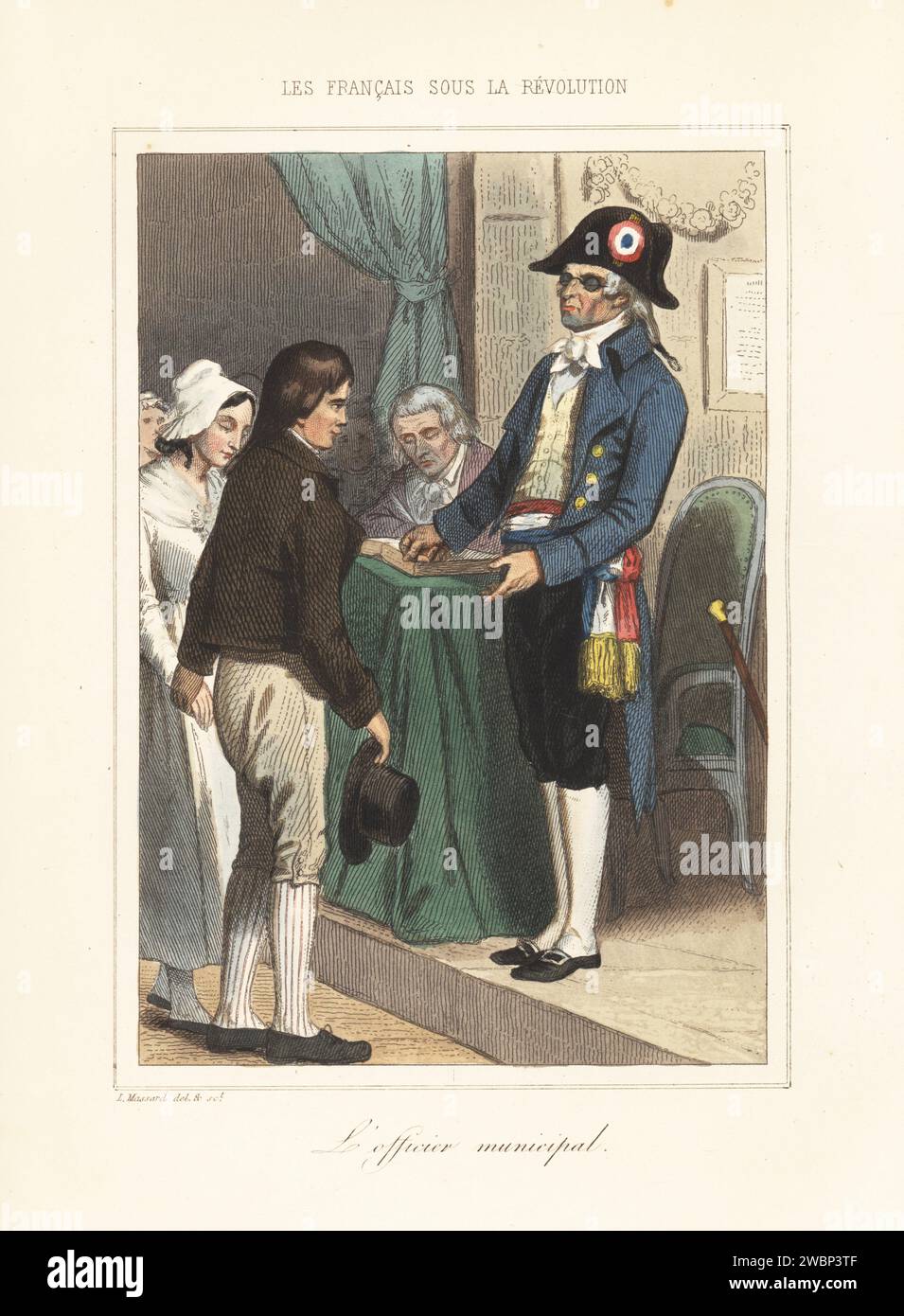 Ein Gemeindeoffizier, der eine republikanische Hochzeitszeremonie in der Zeit der Französischen Revolution durchführt. Bürgermeister in Bicorne mit Trikolore-Cockade, Brille, Reitmantel, Trikolore-Schärpe, Reithose und Schnallenschuhen. L'officier Municipal. Handkolorierter Stahlstich von Leopold Massard nach einer Illustration von Henri Baron aus Augustin Challamel und Wilhelm Tenint's Les Francais sous la Revolution, die Franzosen unter der Revolution, Challamel, Paris, 1843. Stockfoto