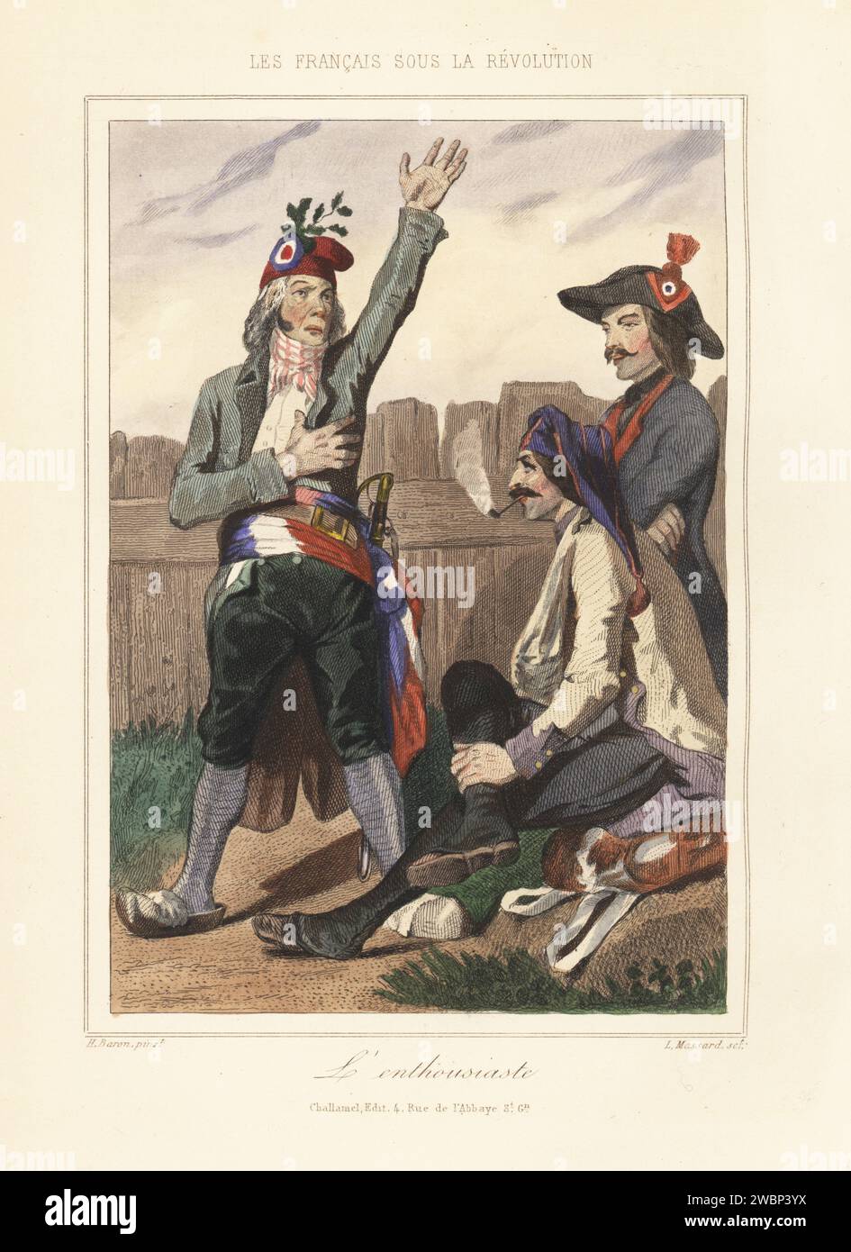 Revolutionäre Enthusiasten, 1792. Patrioten in Phrygianischen Mützen und Bicornen mit dreifarbigen Schärpen, tragen Gehrock, Gamaschen und Clogs und unterstützen die Revolution. L'enthousiaste. Handkolorierter Stahlstich von Leopold Massard nach einer Illustration von Henri Baron aus Augustin Challamel und Wilhelm Tenint's Les Francais sous la Revolution, die Franzosen unter der Revolution, Challamel, Paris, 1843. Stockfoto