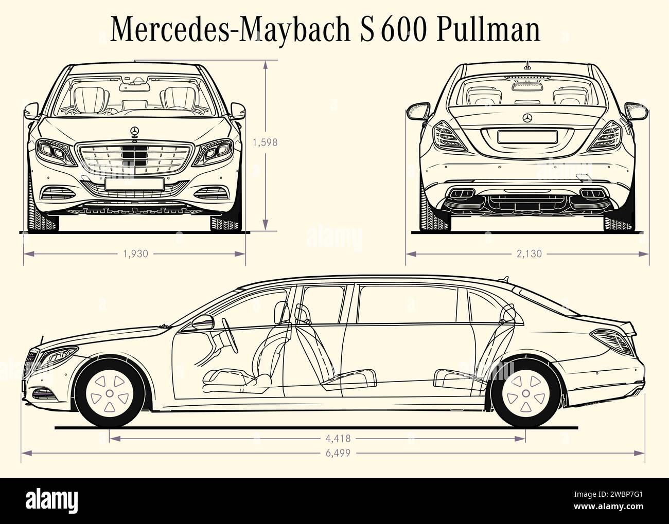 2017 Mercedes-Benz S-Klasse Maybach Pullman Pkw-Bauplan Stock Vektor