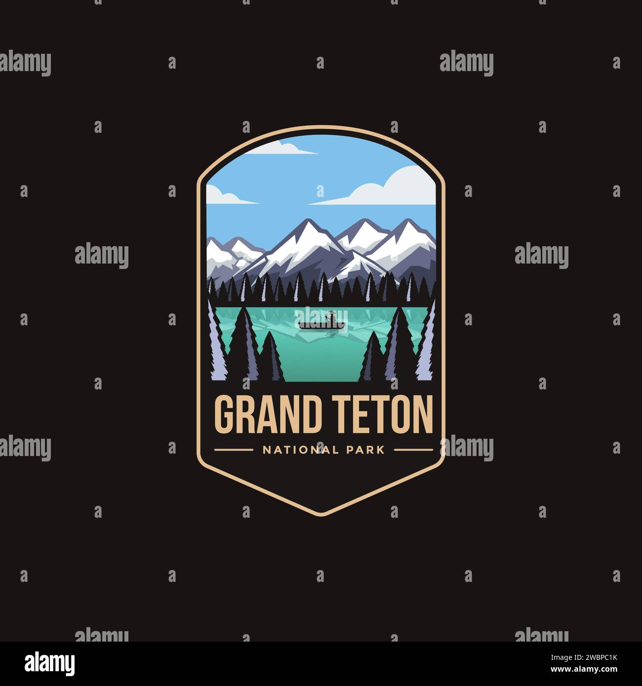 Emblem-Logo-Illustration des Grand Teton National Park auf dunklem Hintergrund Stock Vektor