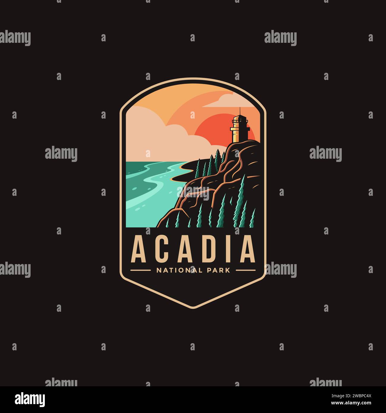 Emblem Patch Logo-Illustration des Acadia-Nationalparks auf dunklem Hintergrund Stock Vektor