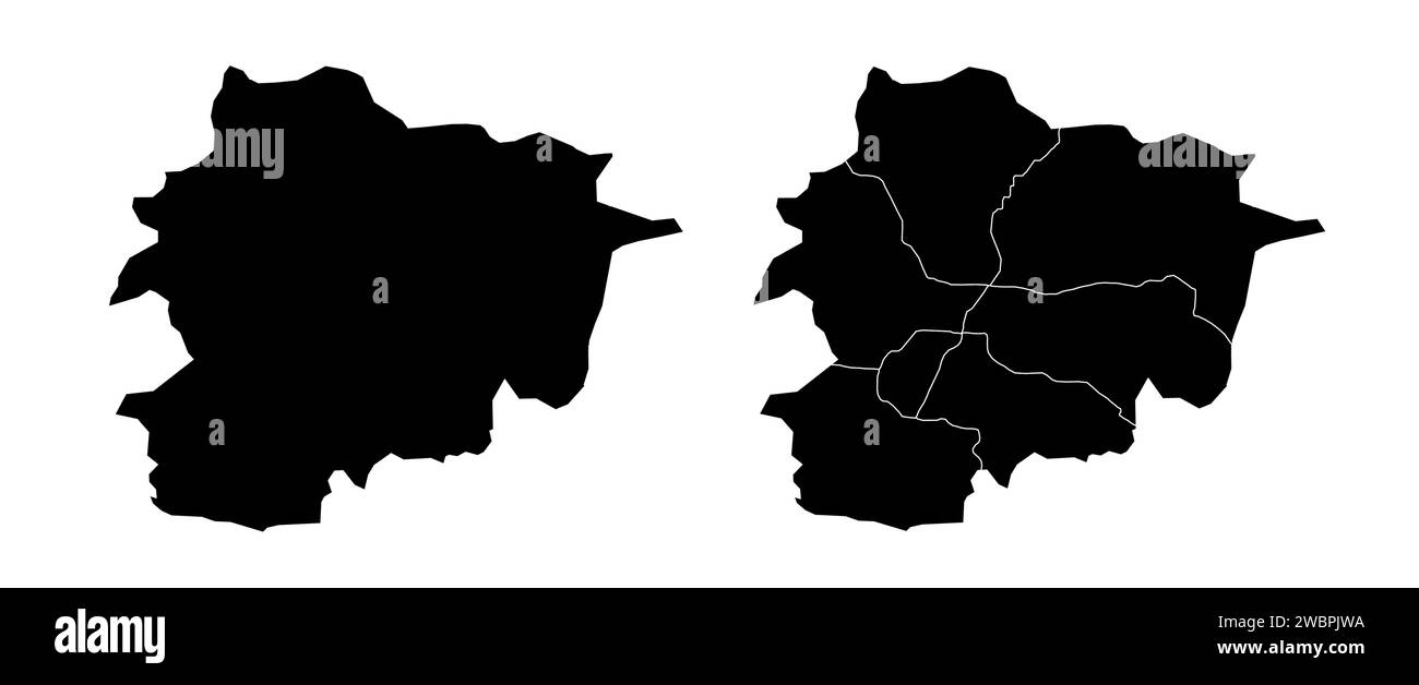 Set von Staatskarten von Andorra mit Regionen und Gemeinden. Abteilungsgrenzen, isolierte Vektorkarten auf weißem Hintergrund. Stock Vektor