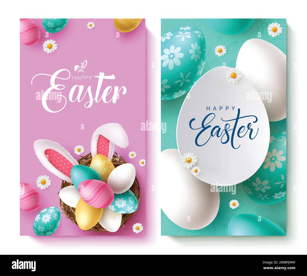 Happy easter Text-Vektor-Poster-Set. Happy easter Grußtext mit bunten Eiern und niedlichen Hasenohren Dekorationselementen für die Postkartensammlung. Stock Vektor