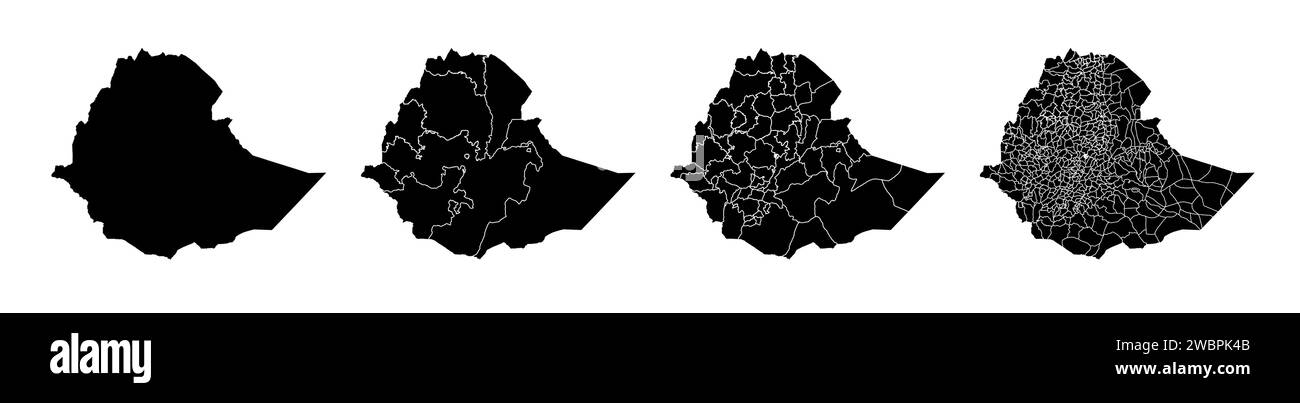 Set von Staatskarten Äthiopiens mit Regionen und Gemeinden. Abteilungsgrenzen, isolierte Vektorkarten auf weißem Hintergrund. Stock Vektor