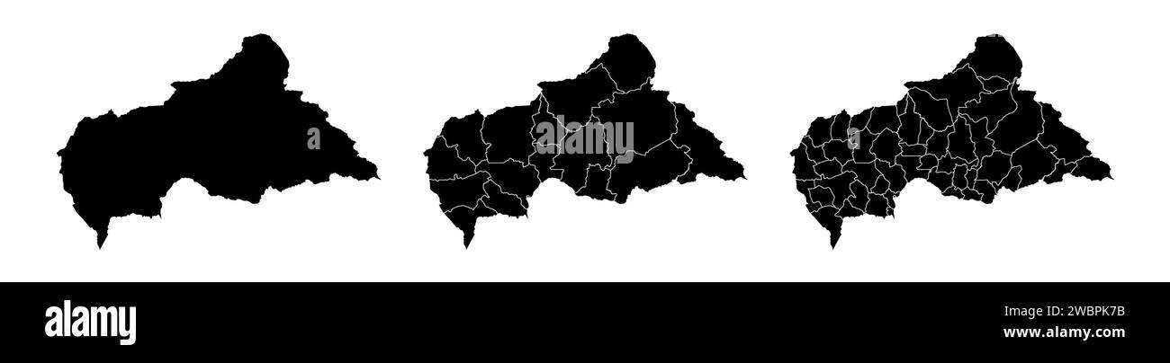 Satz von Staatskarten der Zentralafrikanischen Republik mit Regionen und Gemeinden. Abteilungsgrenzen, isolierte Vektorkarten auf weißem Hintergrund. Stock Vektor