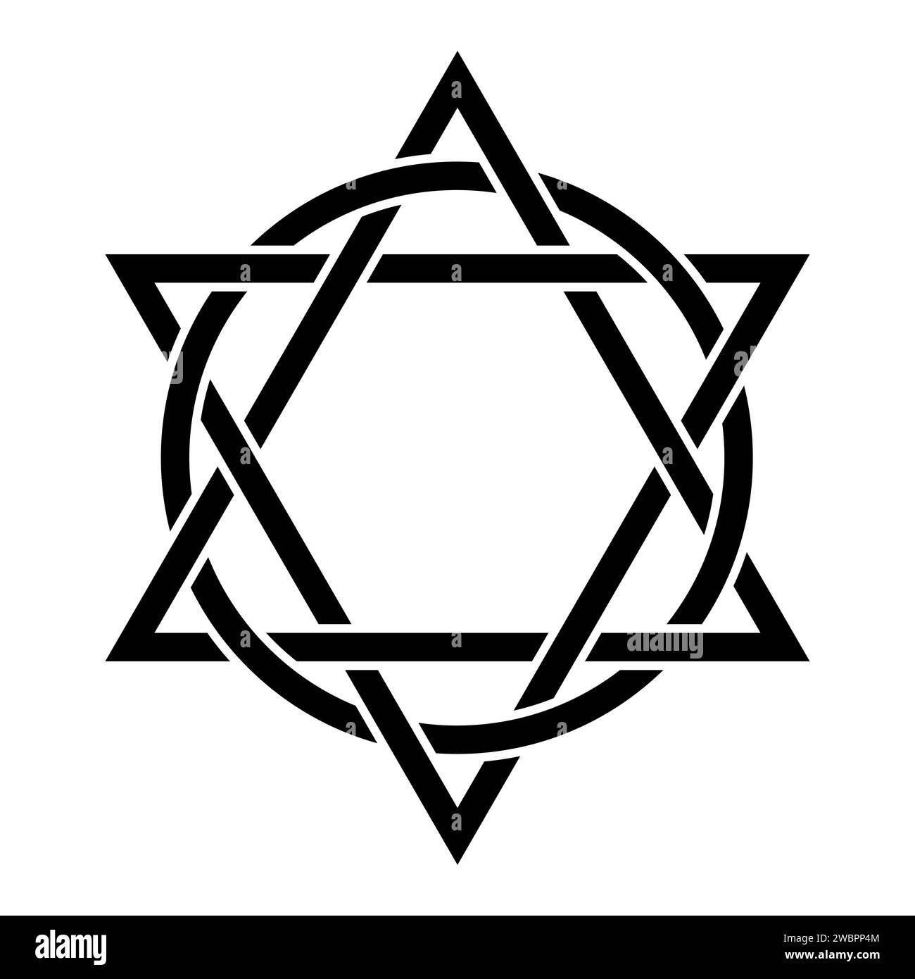 Symbol eines Hexagramms mit verschränkten Kreisen. Zwei Dreiecke, die mit einem Kreis verflochten sind. Christliches Emblem, das die Dreifaltigkeit repräsentiert. Stockfoto