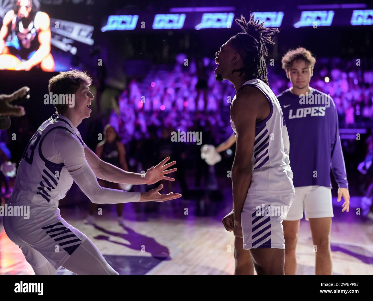 Der Spieler der Grand Canyon Antelopes macht seinen Handschlag mit seinem Teamkollegen während des NCAA-Basketballspiels gegen Abilene Christian in Phoenix, Arizona, Donnerstag, den 11. Januar 2024. Die GCU besiegte Abilene Christian 74–64. (David Venezia/Bild des Sports) Stockfoto