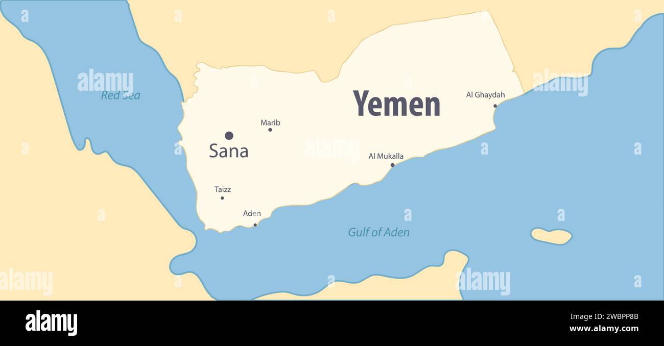 Jemen Karte mit den wichtigsten Städten Sana und Rotes Meer. Schlägt Huthis im Jemen-Illustration. Farbige Karte des Jemen-Gebiets mit anderem Land. Stock Vektor
