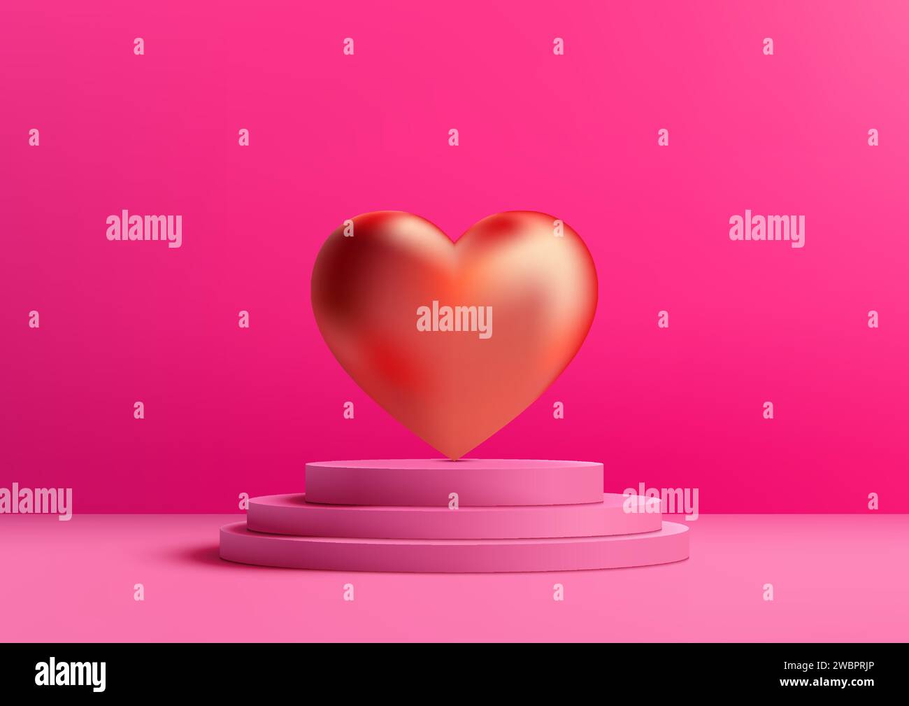 Valentinstag-Display mit diesem pinkfarbenen 3D-Podium-Modell. Rotes Herz mit glänzender Kulisse, perfekt für die Präsentation von Produkten, Marken oder romantischen Botschaften. Vec Stock Vektor