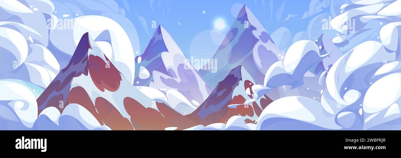 Felsige Berglandschaft mit Wolken. Vektor-Cartoon-Illustration von Anime-Stil Gipfeln bedeckt mit Schnee und Gletscher über himmlischer Wolkenlandschaft, helle Sonnenlicht flackern in blauem Himmel, frostige Luft Stock Vektor