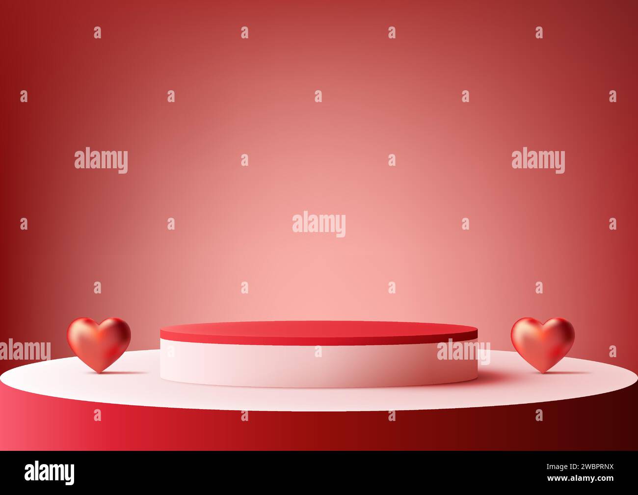 Valentinstag-Display mit diesem roten und weißen 3D-Podium-Modell. Rotes Herz, glänzend auf dem Podium, perfekt für die Präsentation von Produkten, Marken oder Romantik Stock Vektor