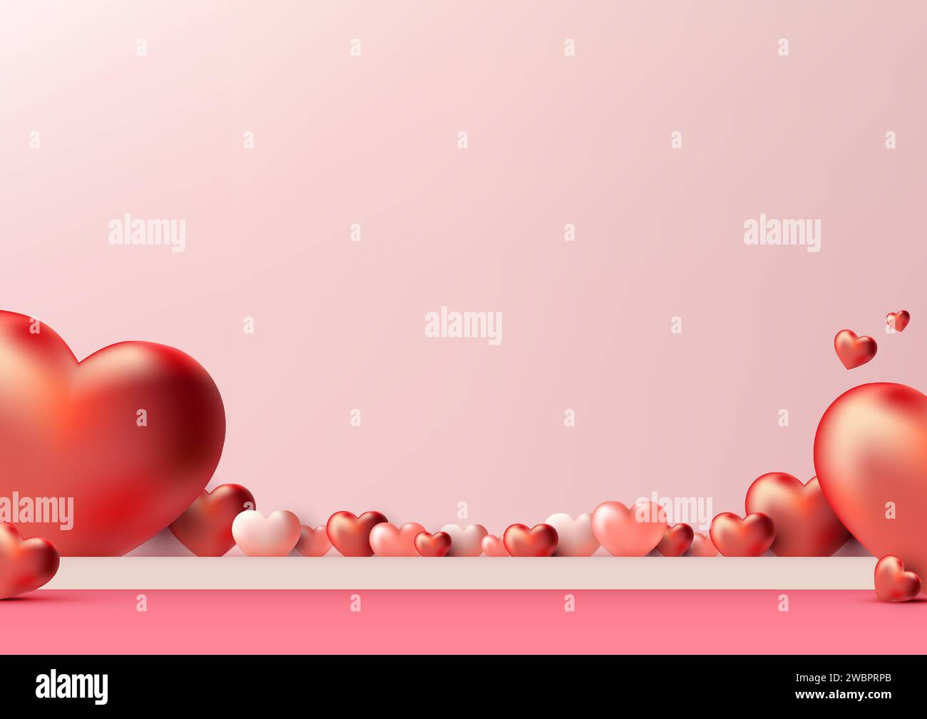 Produkte zum Valentinstag glänzen mit diesem fotorealistischen 3D-Podium-Modell. Mit einer rosafarbenen Plattform, die mit Herzen verziert ist. Vektorabbildung Stock Vektor