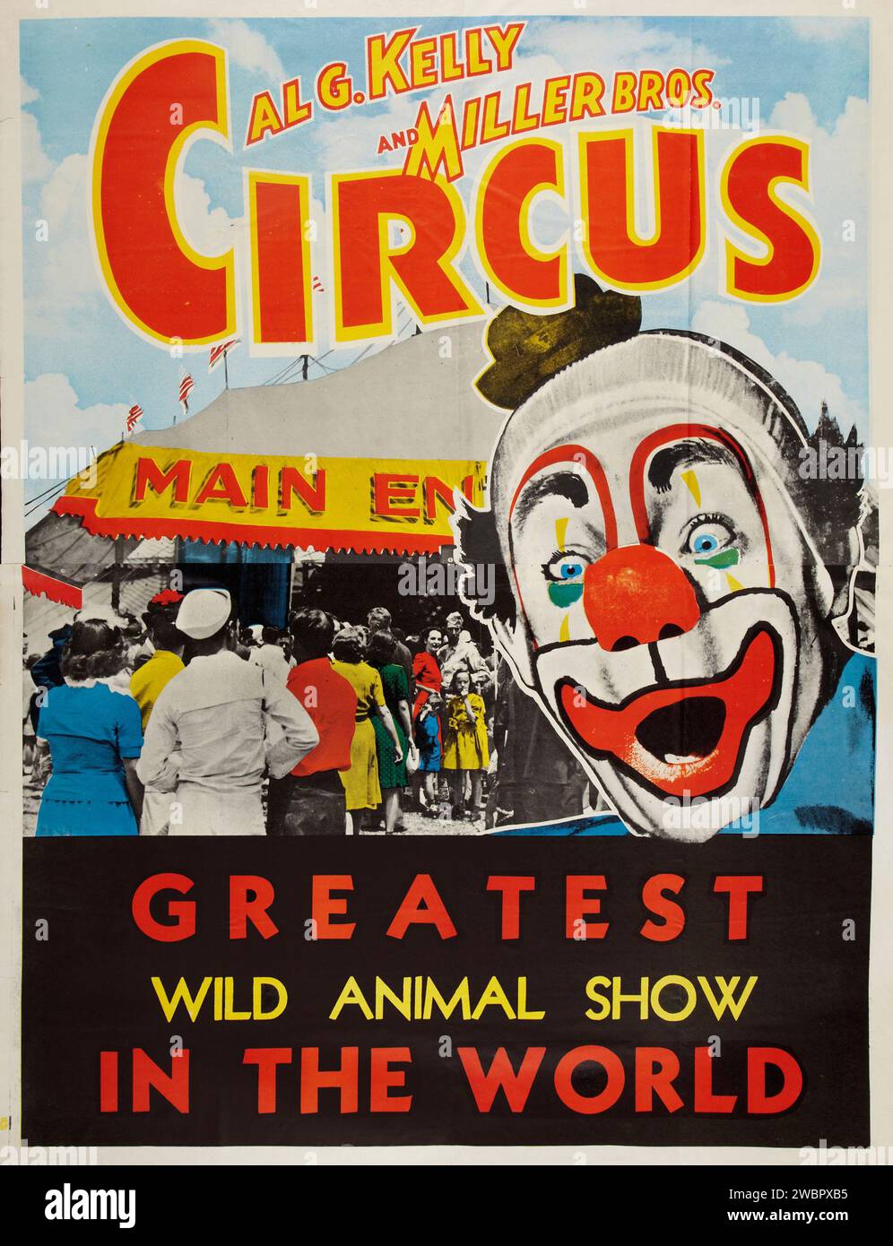 Zirkusplakat (Al G.Kelly und Miller Brothers, 1940er). Zirkusplakat hat einen Zirkuseingang und einen Clown Stockfoto