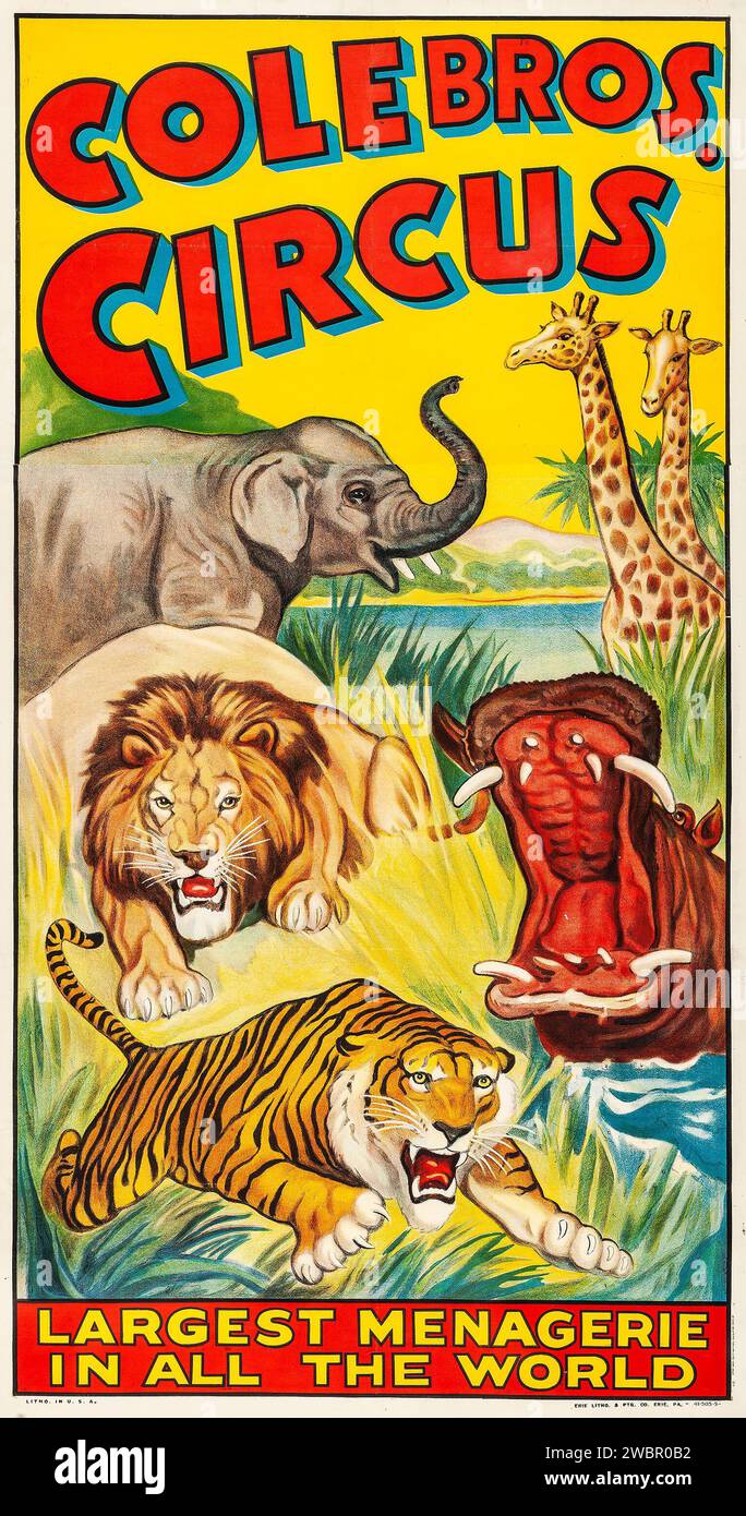 Cole Brothers Circus Poster feat Löwe, Nilpferd, Giraffe, Elefant und ein angreifender Tiger (1940er Jahre) Stockfoto