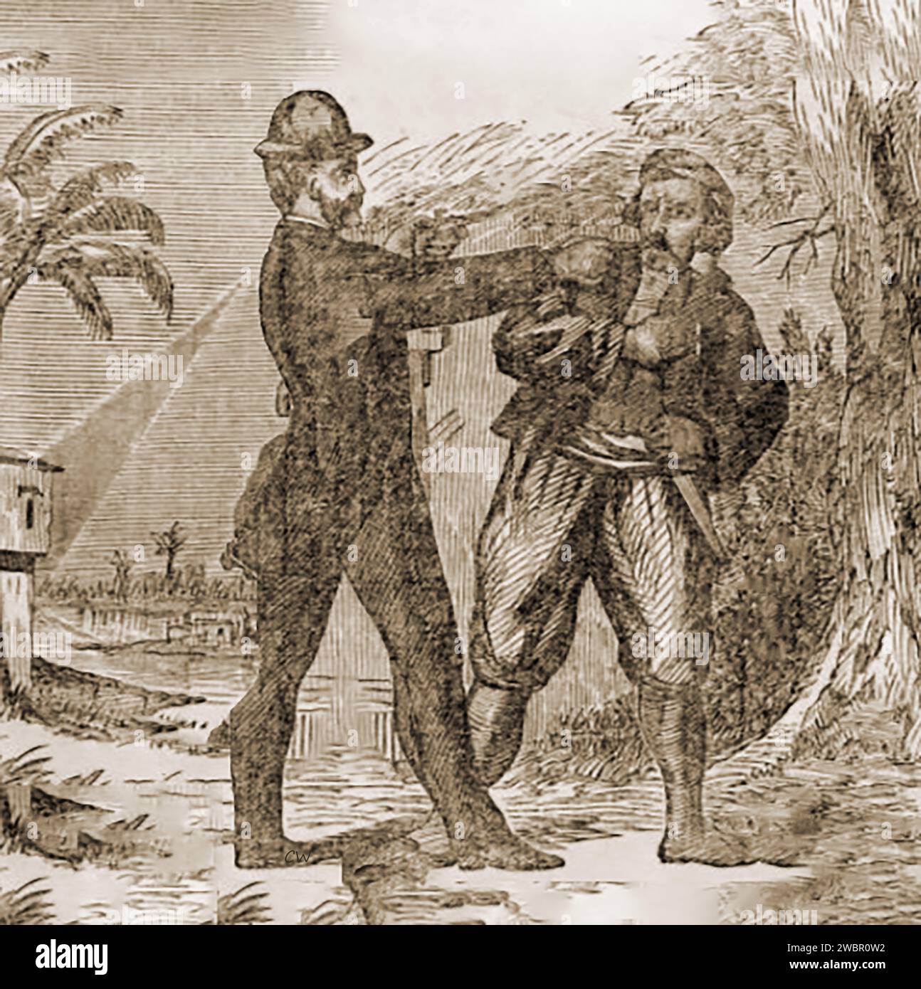 Eine alte Gravur, die die Verhaftung von John Harrison Surratt Jr. (1844–1916) zeigt, dem Spion der amerikanischen Konföderierten, der beschuldigt wurde, mit John Wilkes Booth eine Verschwörung zur Entführung des US-Präsidenten Abraham Lincoln geplant zu haben; und verdächtigt der Beteiligung am Abraham Lincoln-Attentat, floh er nach Kanada und Ägypten, wo er schließlich verhaftet wurde, aber der Hinrichtung entging, weil die Verjährungsfrist abgelaufen war. Stockfoto