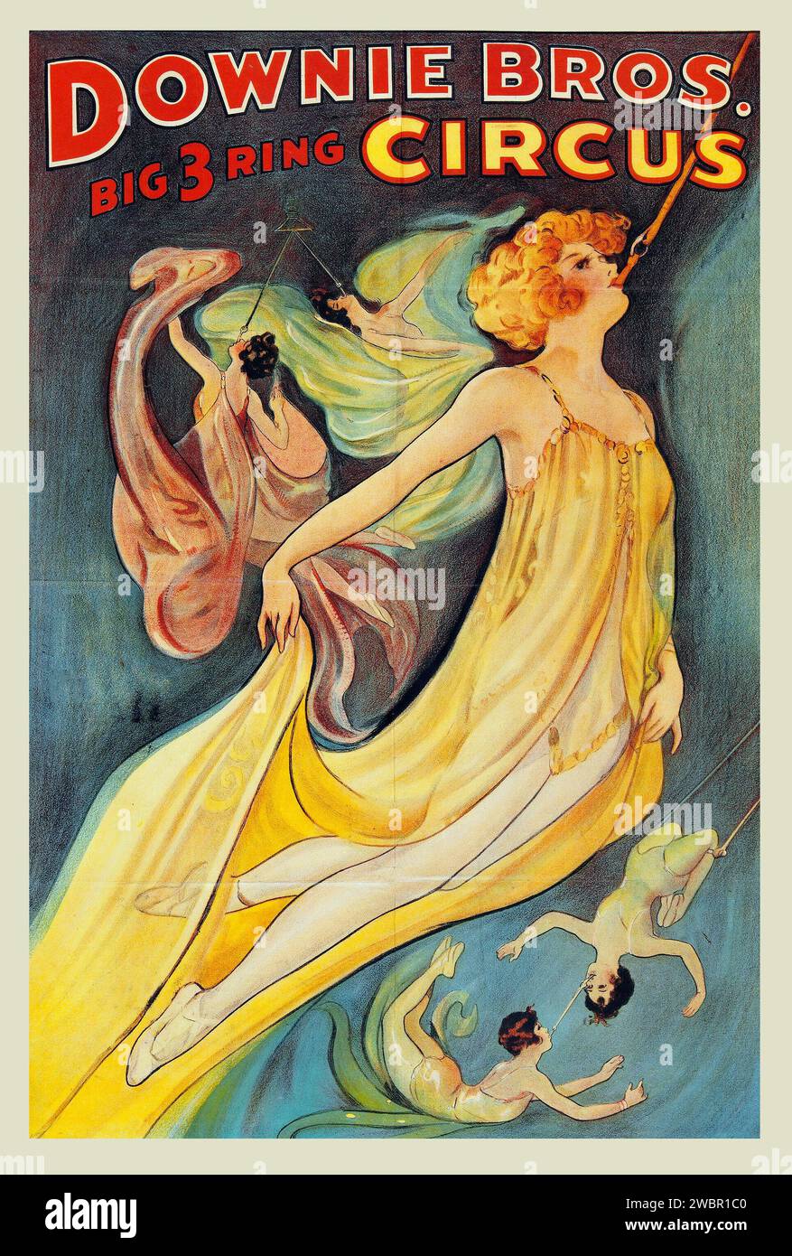 Old Circus Poster (Downie Brothers, 1920er Jahre) ist eine Meisterleistung weiblicher Zirkuskünstler Stockfoto