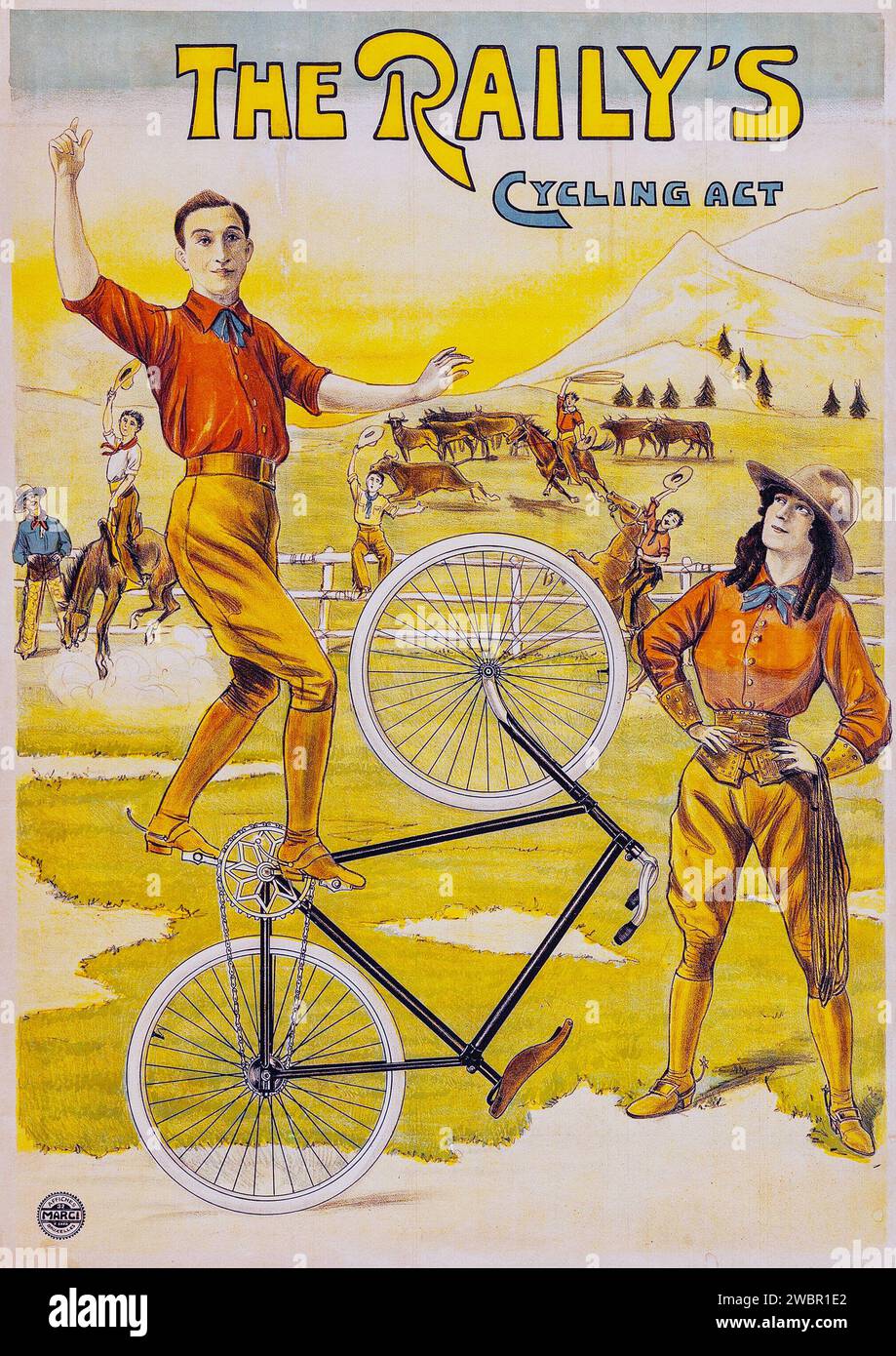 Das belgische Werbeplakat des Raily's Cycling Act (Affiches Marci Bruxelles, 1890). Belgisches Poster - Fahrradkünstler Stockfoto