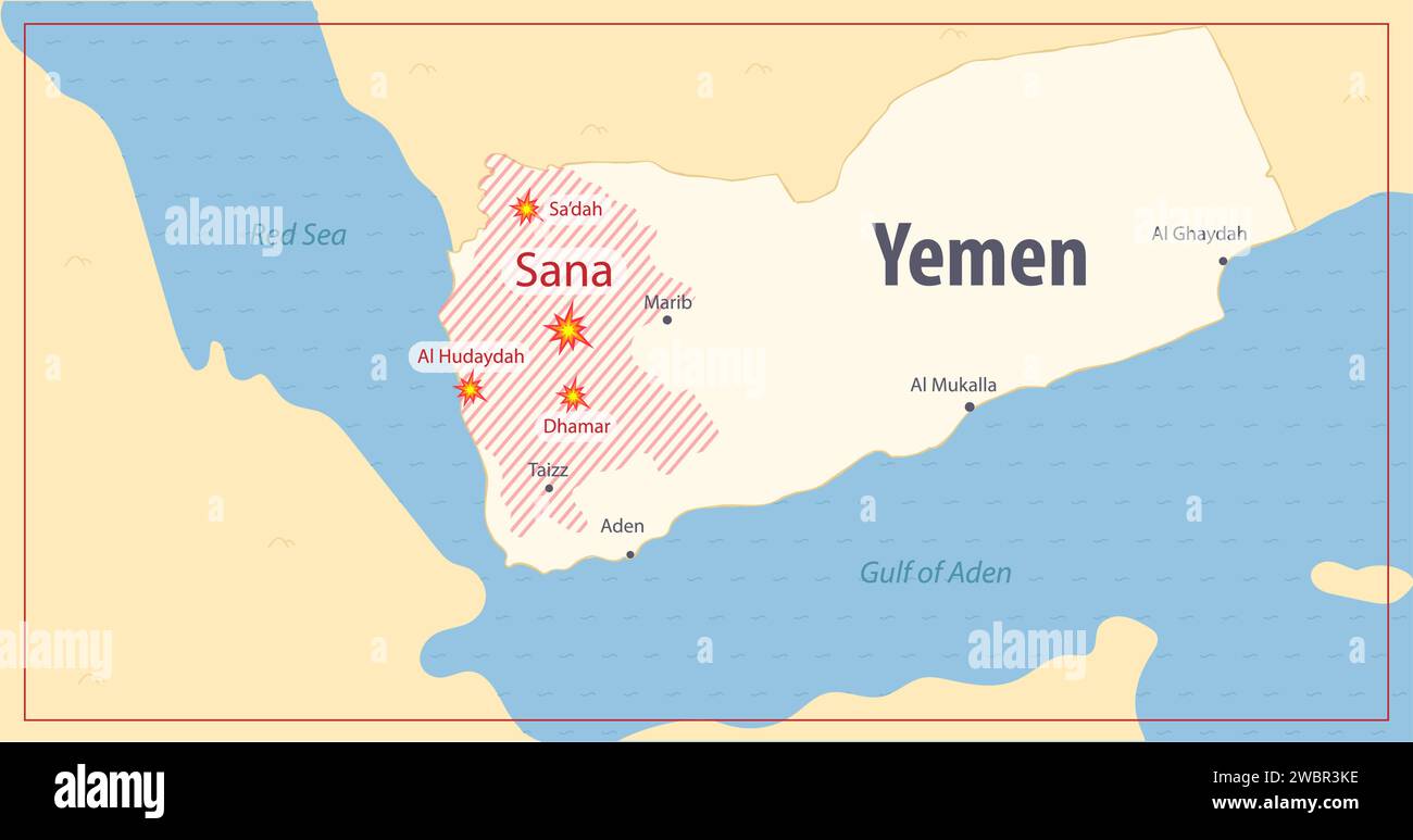 Jemen Karte mit den wichtigsten Städten Sana mit einem Gebiet unter dem Angriff und dem Roten Meer. Schlägt Huthis im Jemen-Illustration. Farbige Karte des Jemen-Gebiets mit anderen Stock Vektor