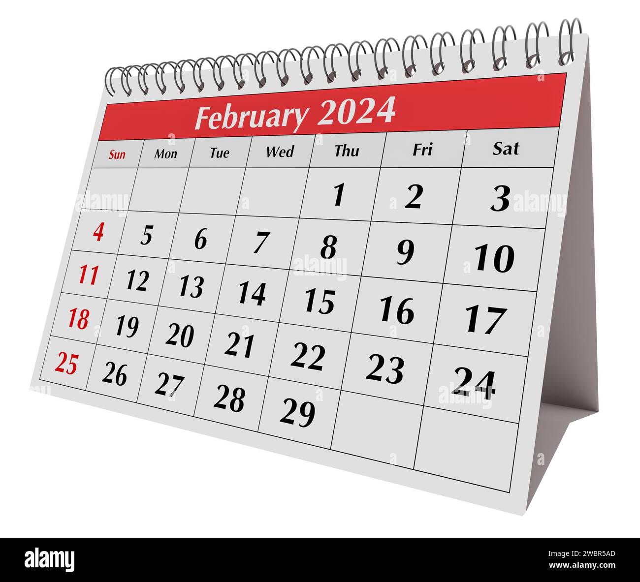 Februar 2024-Kalender. Seite des jährlichen Business Desk-Monatskalenders isoliert Stockfoto