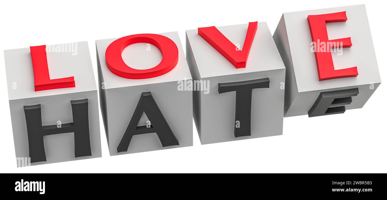 Erleben Sie eine visuelle Transformation, während sich Würfel mit Buchstaben drehen und „LIEBE“ in „HASS“ verwandeln. Eine überzeugende Illustration, die emotionale Veränderungen und Konturen einfängt Stockfoto