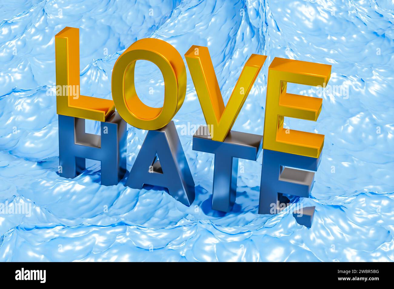 Erkunden Sie das dynamische Konzept von Liebe und Hass mit einer ausdrucksstarken Illustration, in der „LIEBE“ hoch über „HASS“ steht und starke Emotionen und c verkörpert Stockfoto