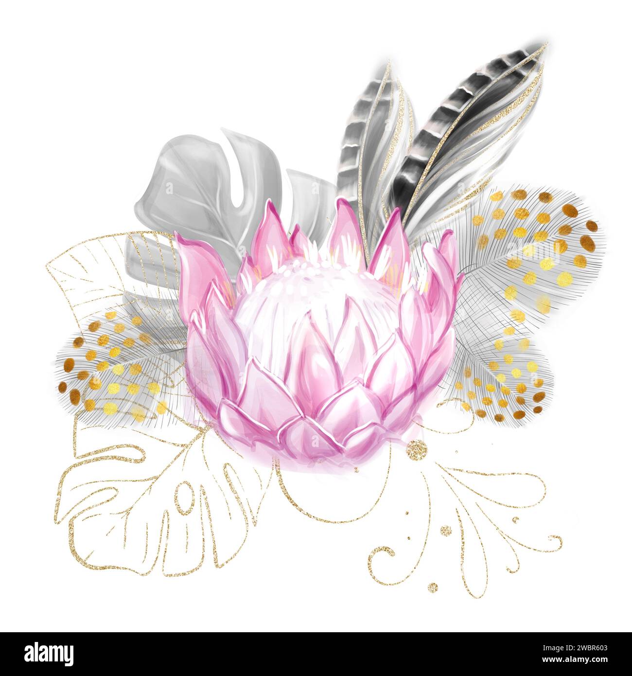 Aquarellstrauß aus rosa Protea und goldenen tropischen Monsterablättern mit Fasanenfedern. Luxe-Komposition. Zum Erstellen von Einladungen, Dekor, Wade Stockfoto