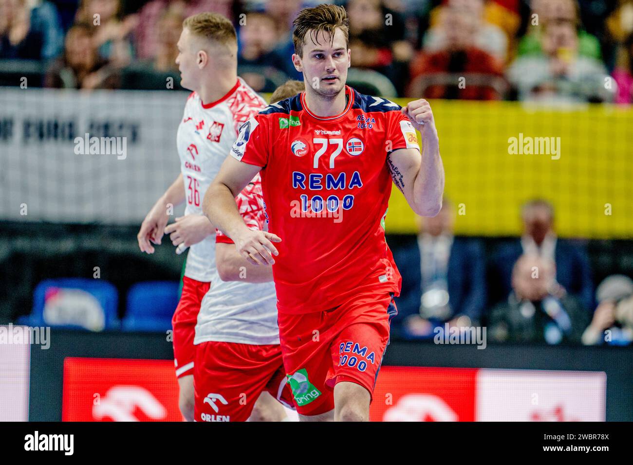 Berlin, Deutschland 20240111.Magnus Abelvik Red während der Gruppenphase der Handball-Europameisterschaft zwischen Norwegen und Polen in der Mercedes-Benz Arena. Foto: Stian Lysberg Solum / NTB Stockfoto