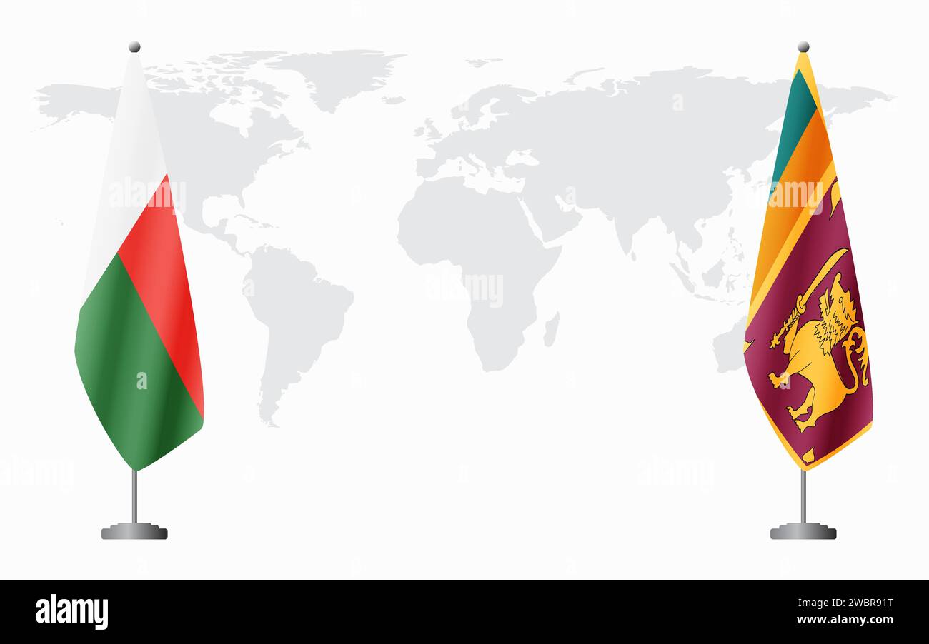 Madagaskar und Sri Lanka Flaggen für offizielle Treffen vor dem Hintergrund der Weltkarte. Stock Vektor