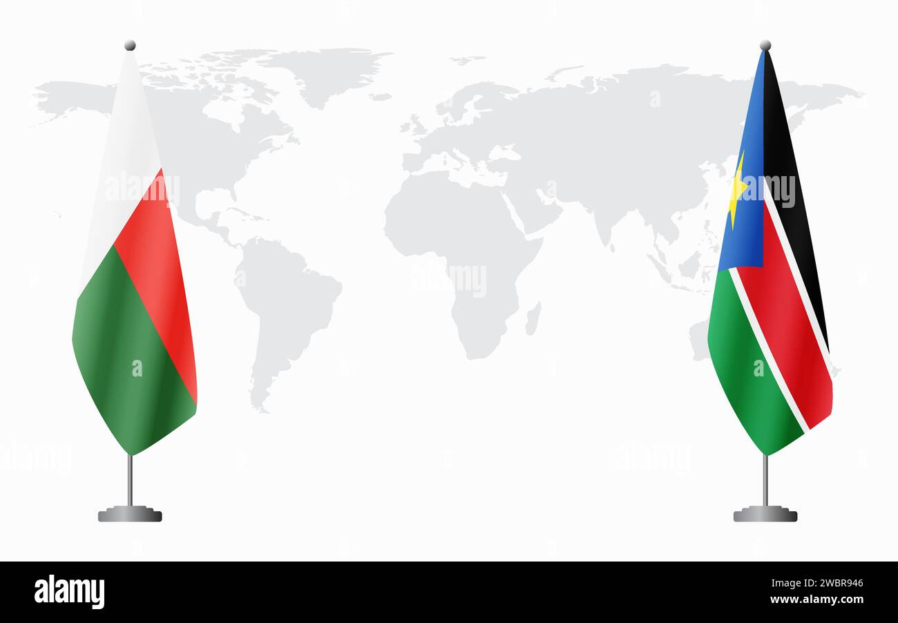 Madagaskar und Südsudan Flaggen für offizielle Treffen vor dem Hintergrund der Weltkarte. Stock Vektor