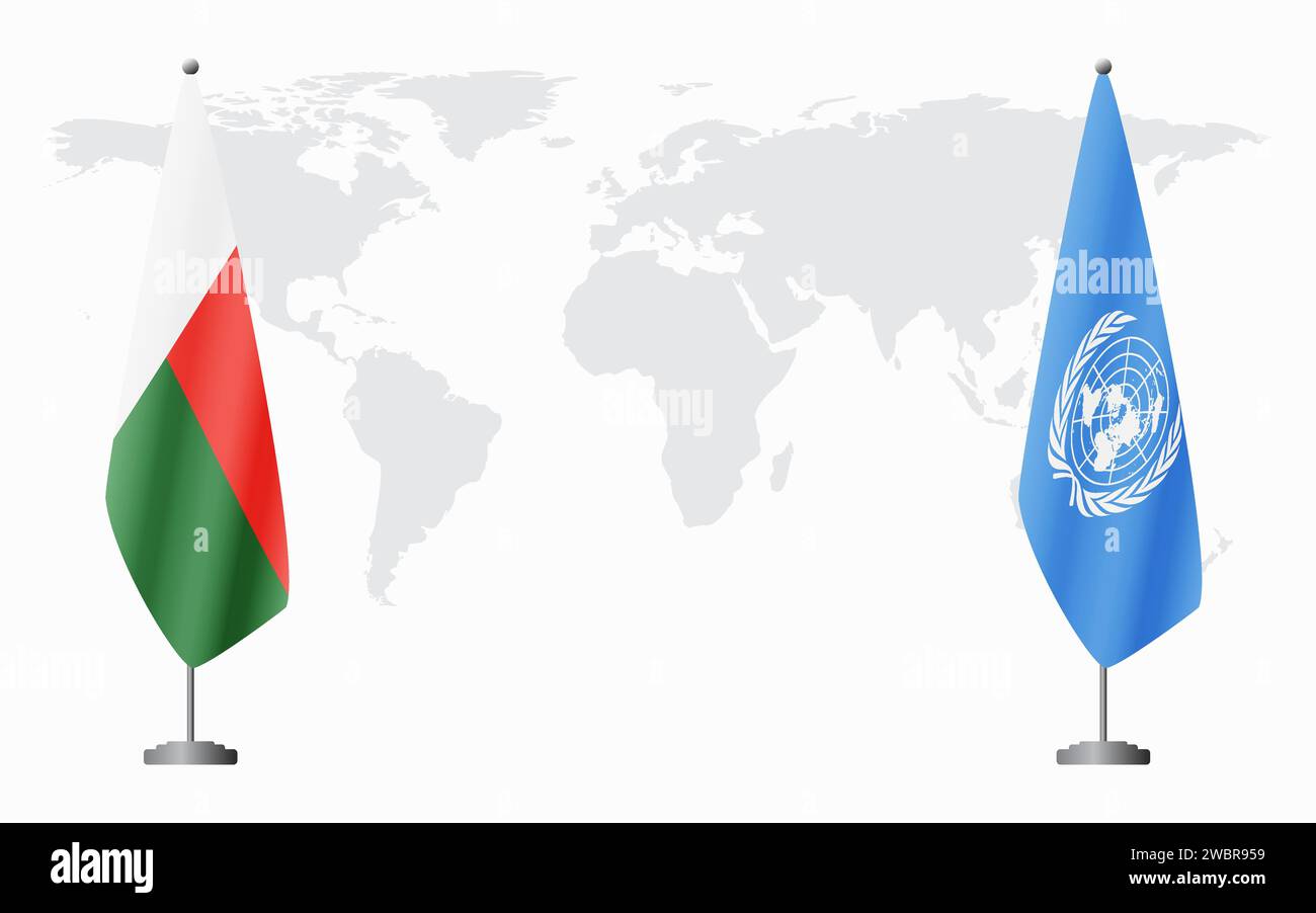 Madagaskar und UN-Flaggen für offizielle Treffen vor dem Hintergrund der Weltkarte. Stock Vektor