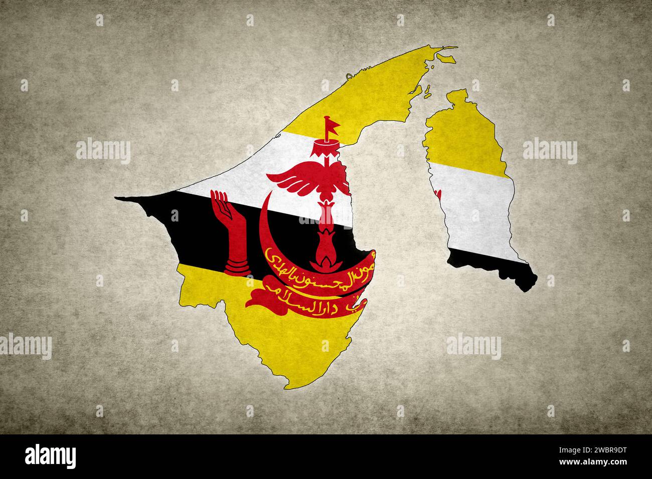 Grunge-Karte von Brunei Darussalam mit seiner Flagge, die auf einem alten Papier innerhalb der Grenze gedruckt ist. Stockfoto